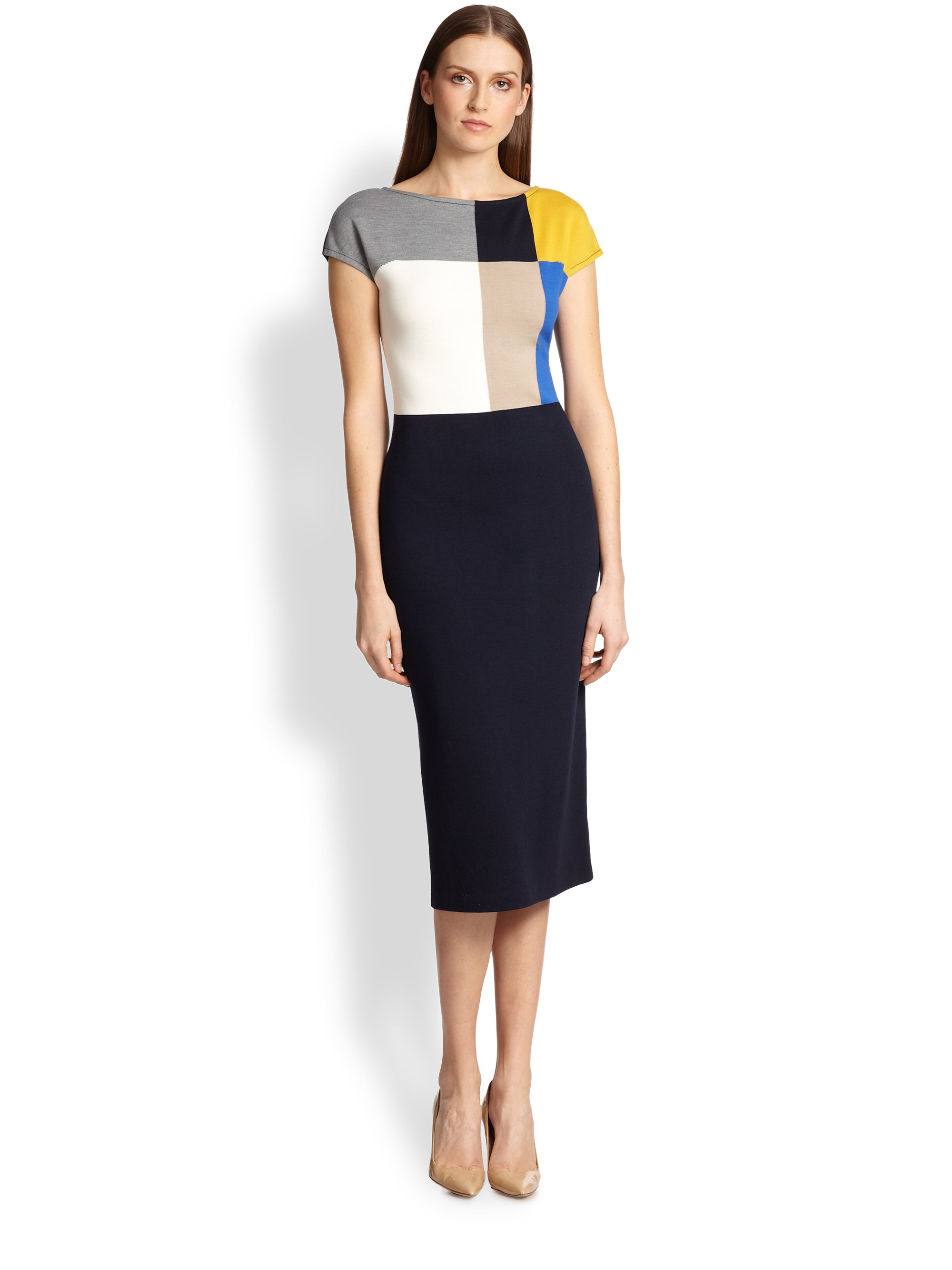 Lyst St John Colorblock Milano Knit Dress In Blue Gallery