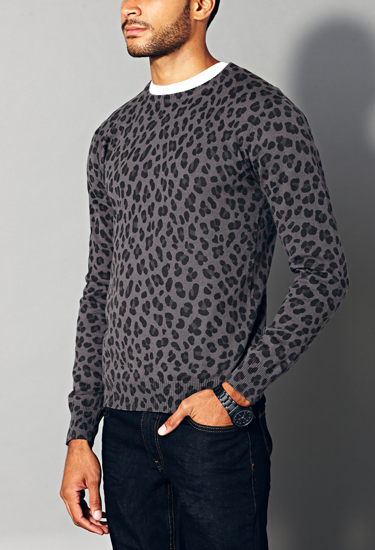 Forever 21 Leopard Crew Neck Sweater in Gray for Men | Lyst