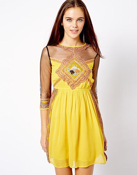 Asos River Island Printed Skater Dress with Mesh Inserts in Yellow | Lyst