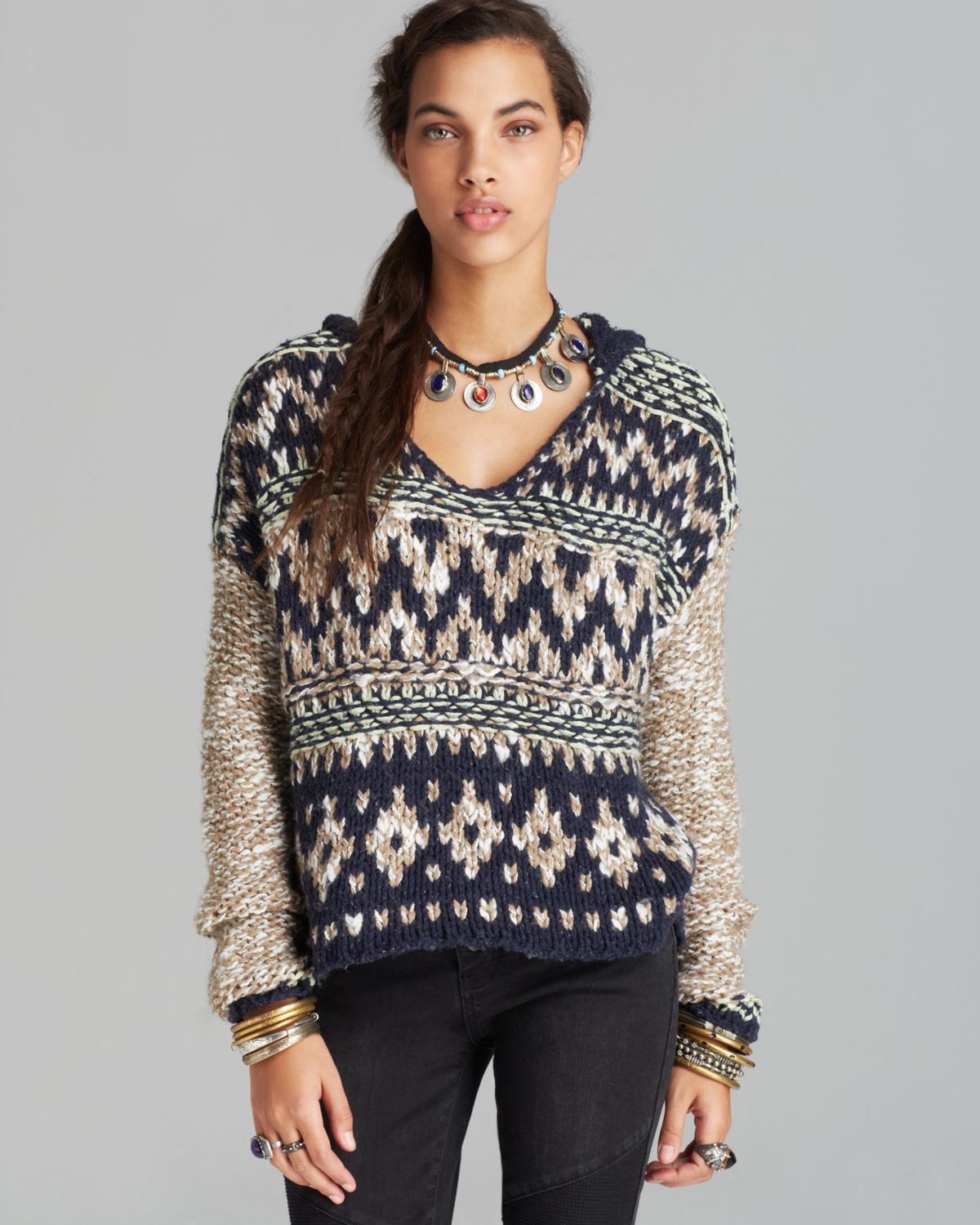 Free People Pullover Hooded Fair Isle in Navy Combo (Blue) - Lyst