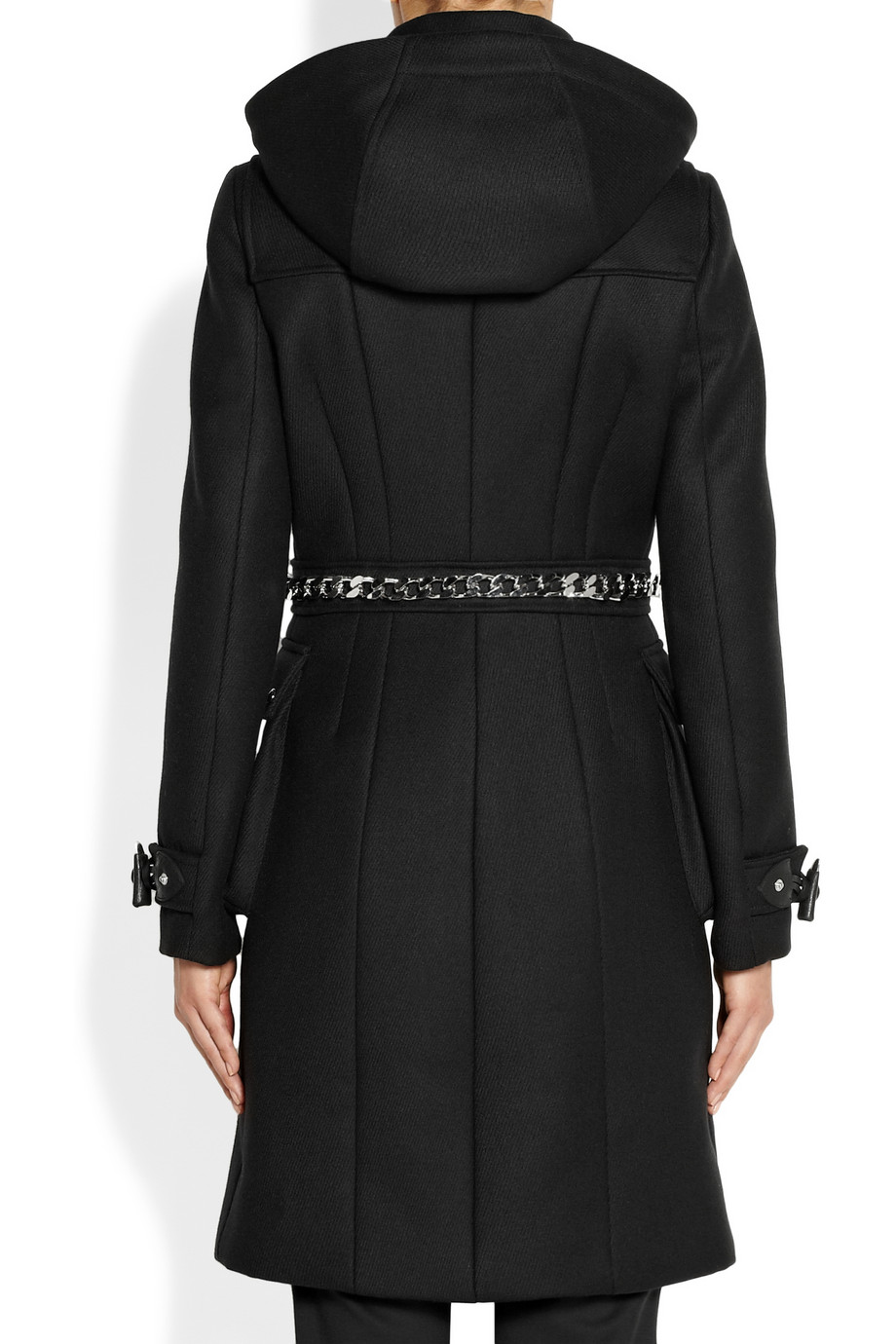 Givenchy Black Hooded Woolblend Duffle Coat With Silver Chain Detail in