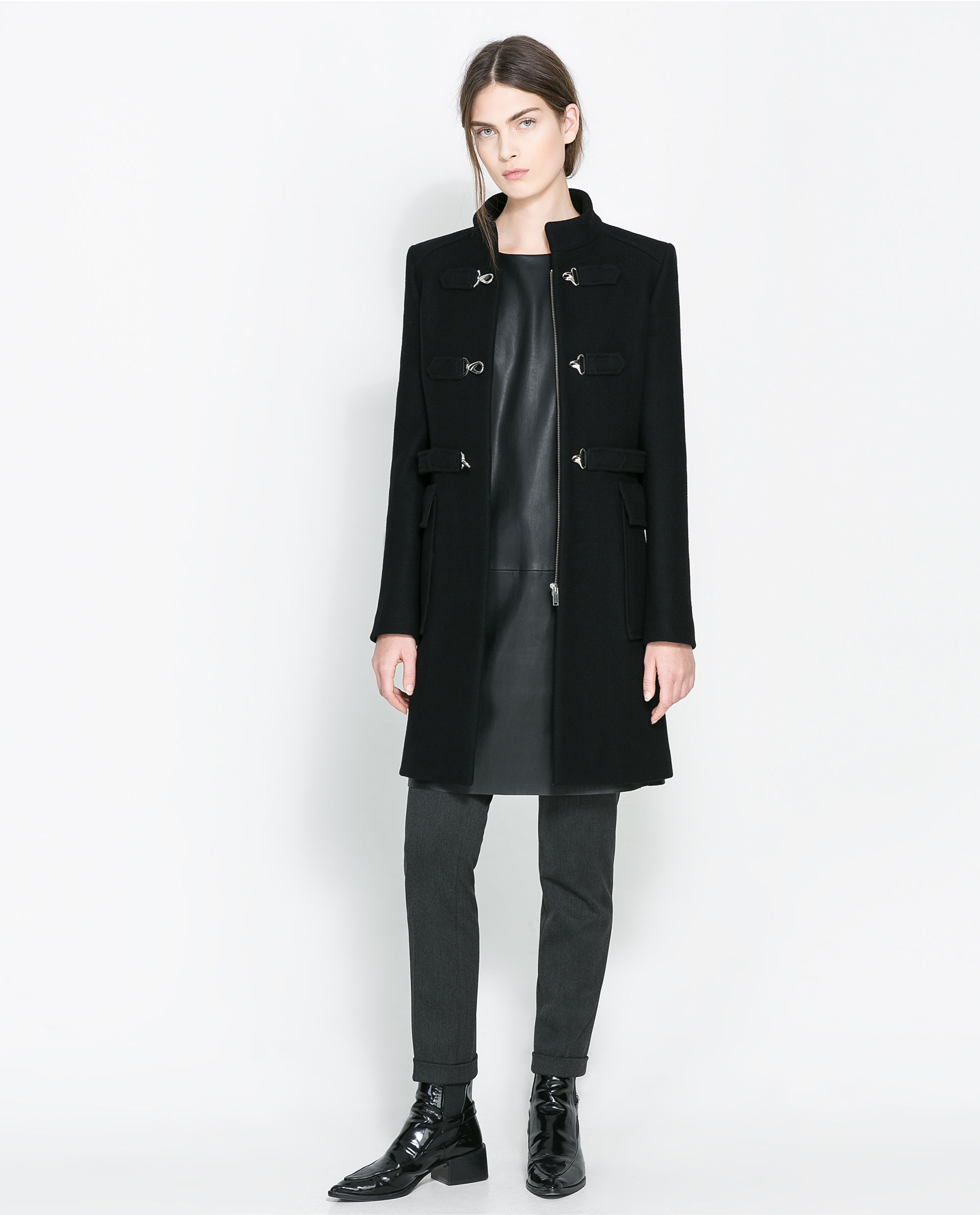 Zara Wool Coat with Hook and Eye Closure in Black | Lyst