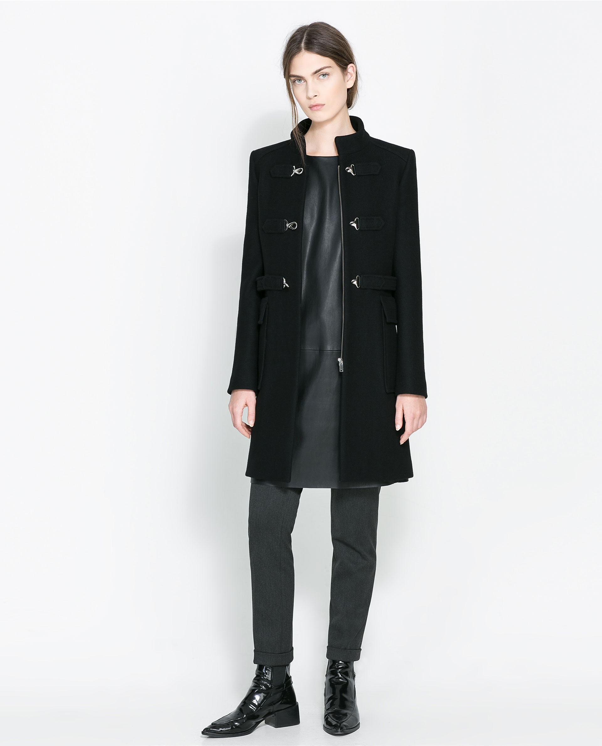Zara Wool Coat with Hook and Eye Closure in Black Lyst