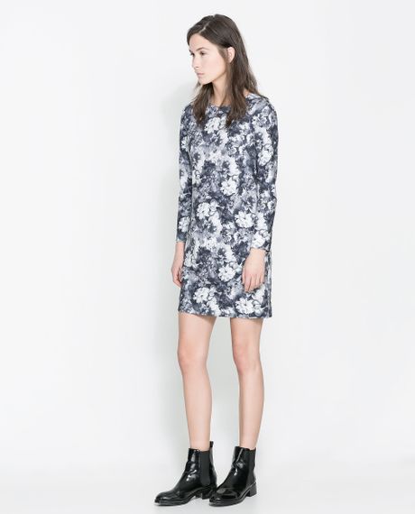 Zara Printed Technical Dress in Floral (Ecru / Black) | Lyst