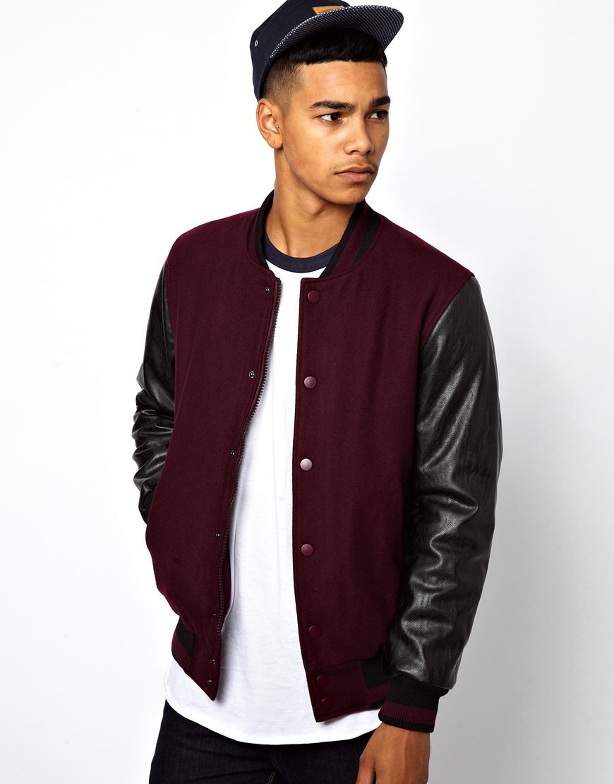Asos Bomber Jacket with Contrast Leather Look Sleeves in Purple ...