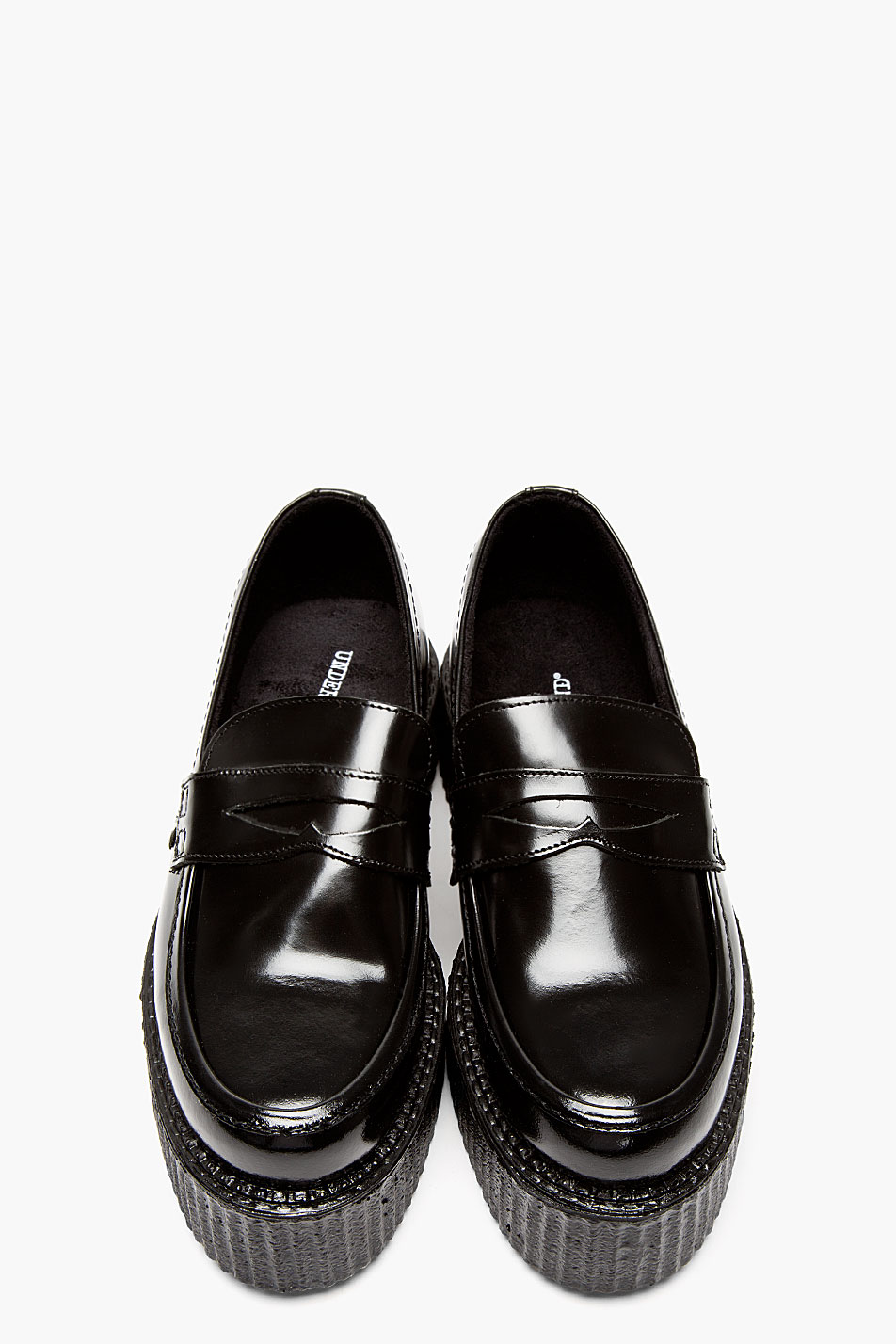 black patent leather platform loafers