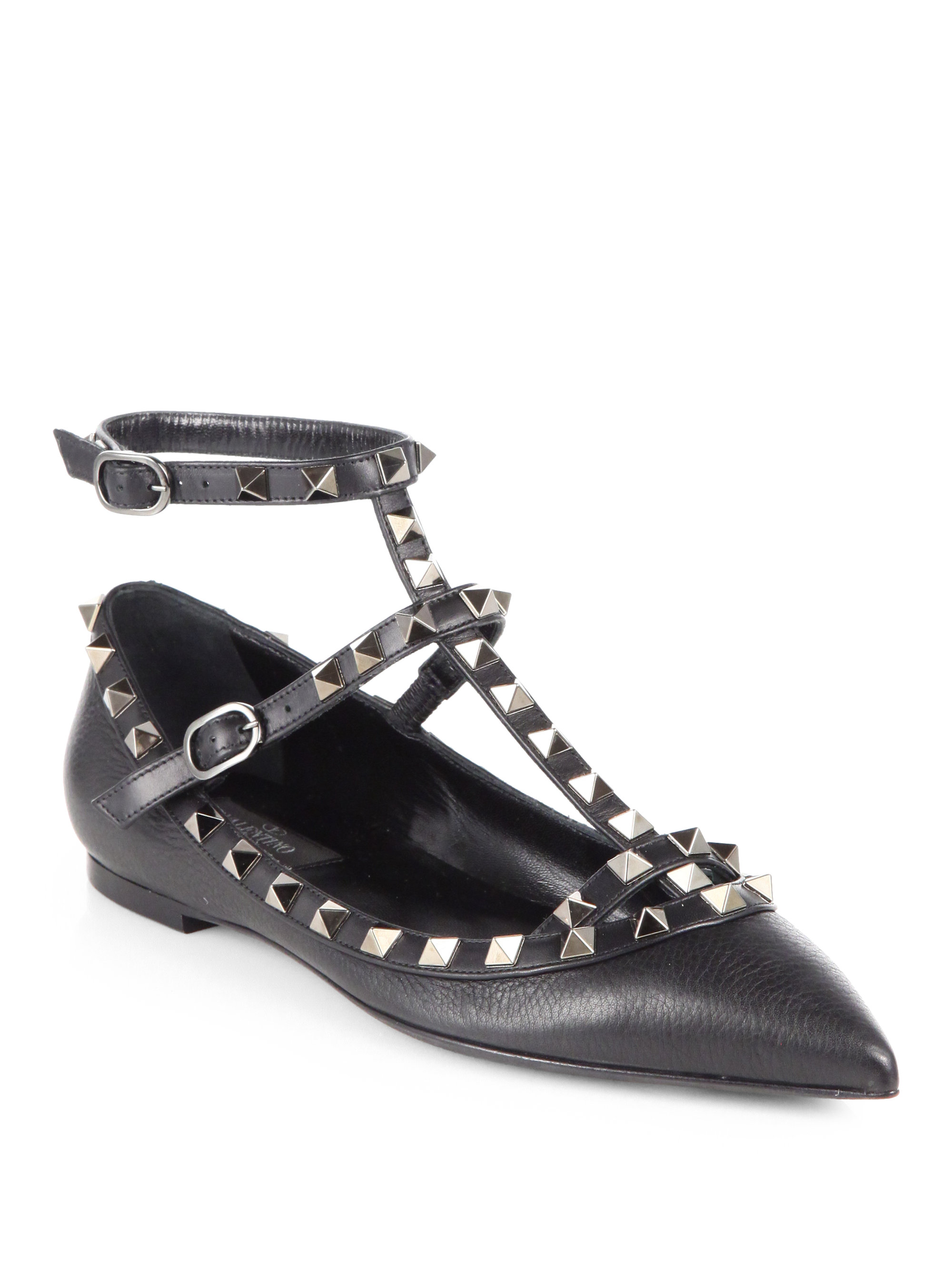 Valentino Noir Rockstud Leather Cage Flats in Black | Lyst