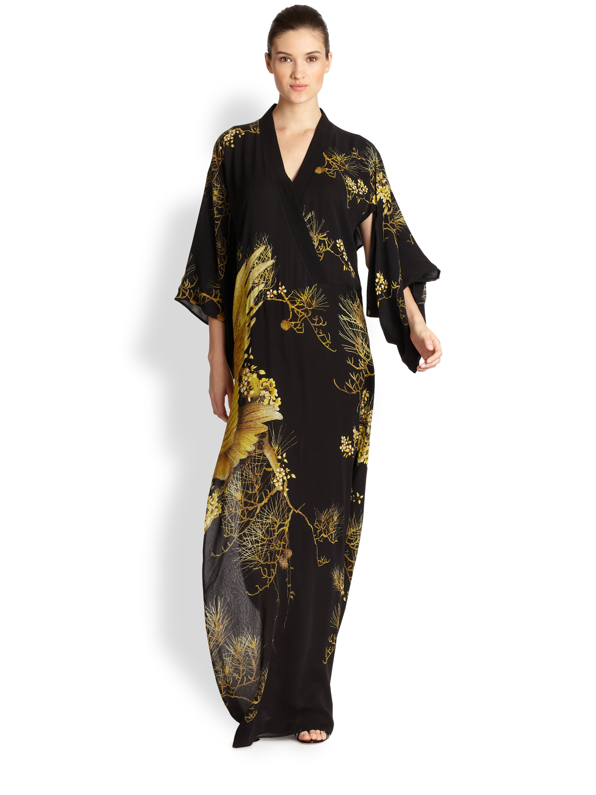 Roberto Cavalli Printed Silk Kimono Gown in Black | Lyst
