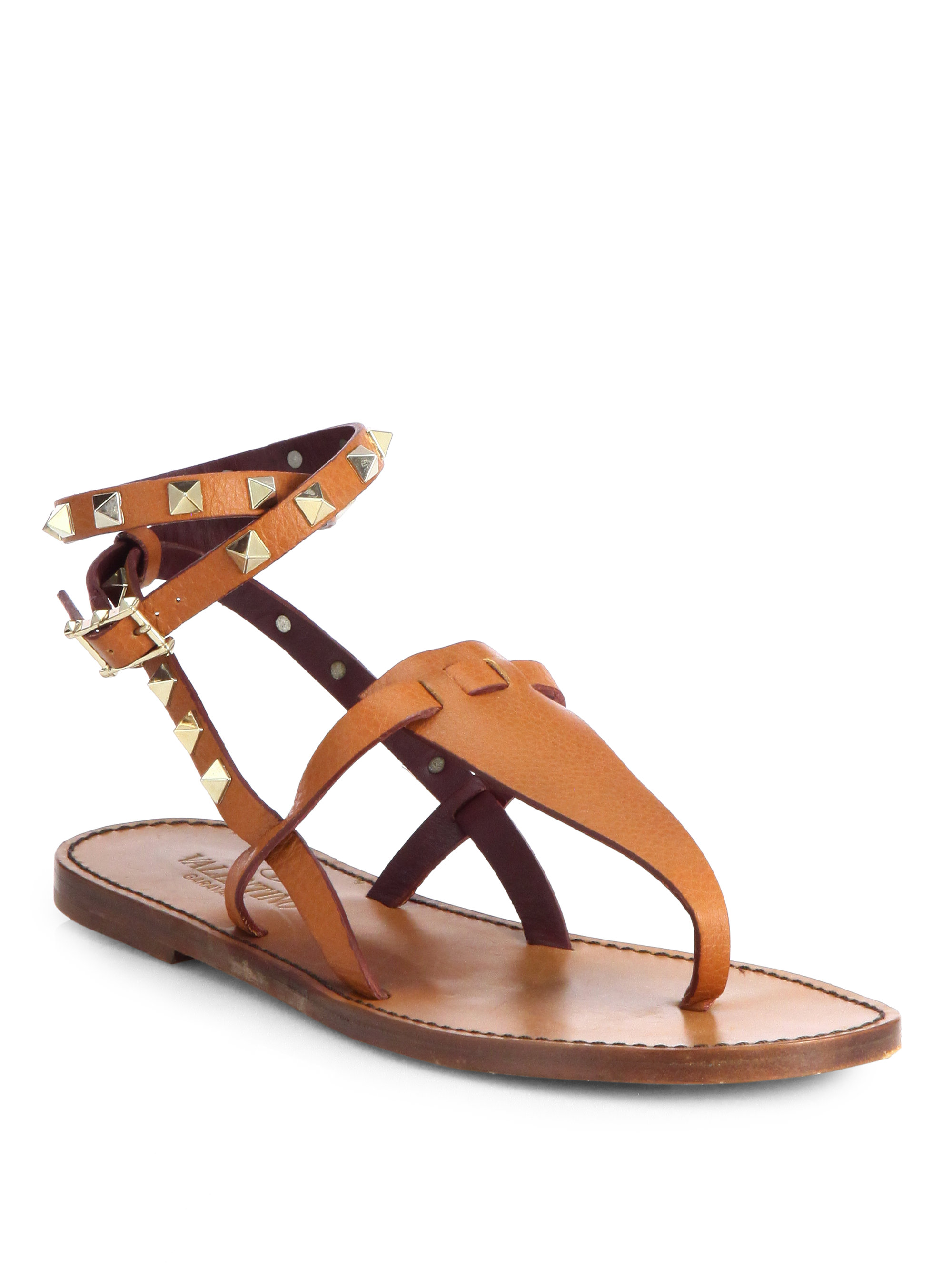 Lyst - Valentino Studded Leather Thong Sandals in Brown
