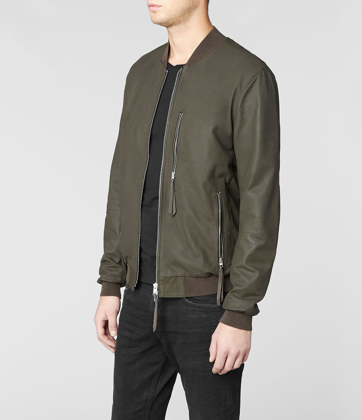 AllSaints Sonar Leather Bomber Jacket in Green for Men | Lyst