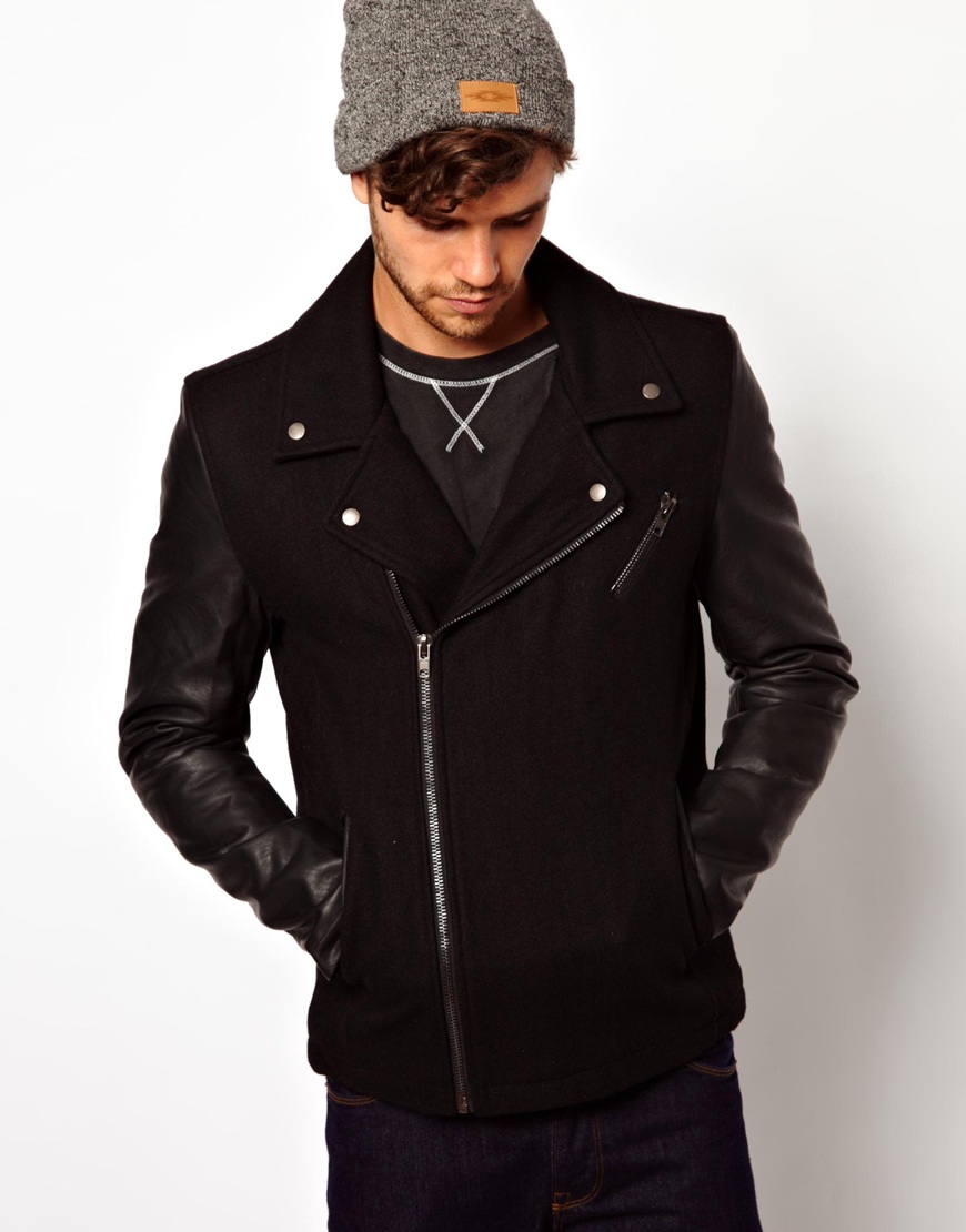 Lyst Asos Bellfield Wool Biker Jacket with Pu Sleeves in Black for Men