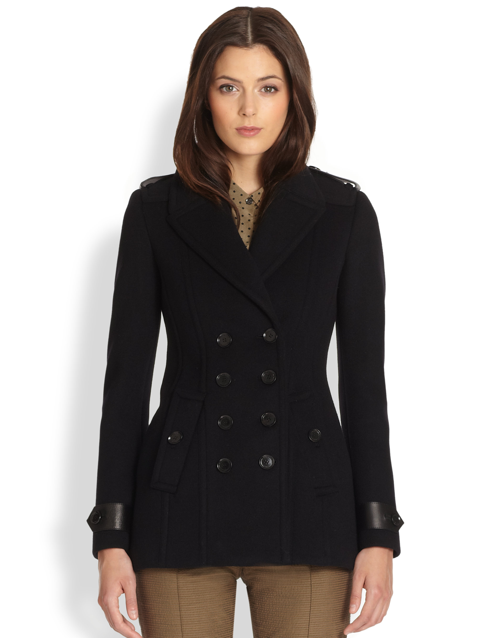 Burberry Leathertrimmed Wool Cashmere Peacoat in Black | Lyst