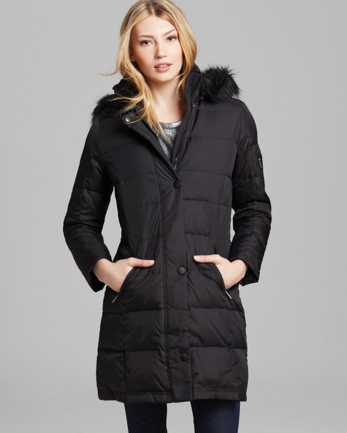 Lyst - Dkny Down Puffer Coat with Faux Fur Trim in Black