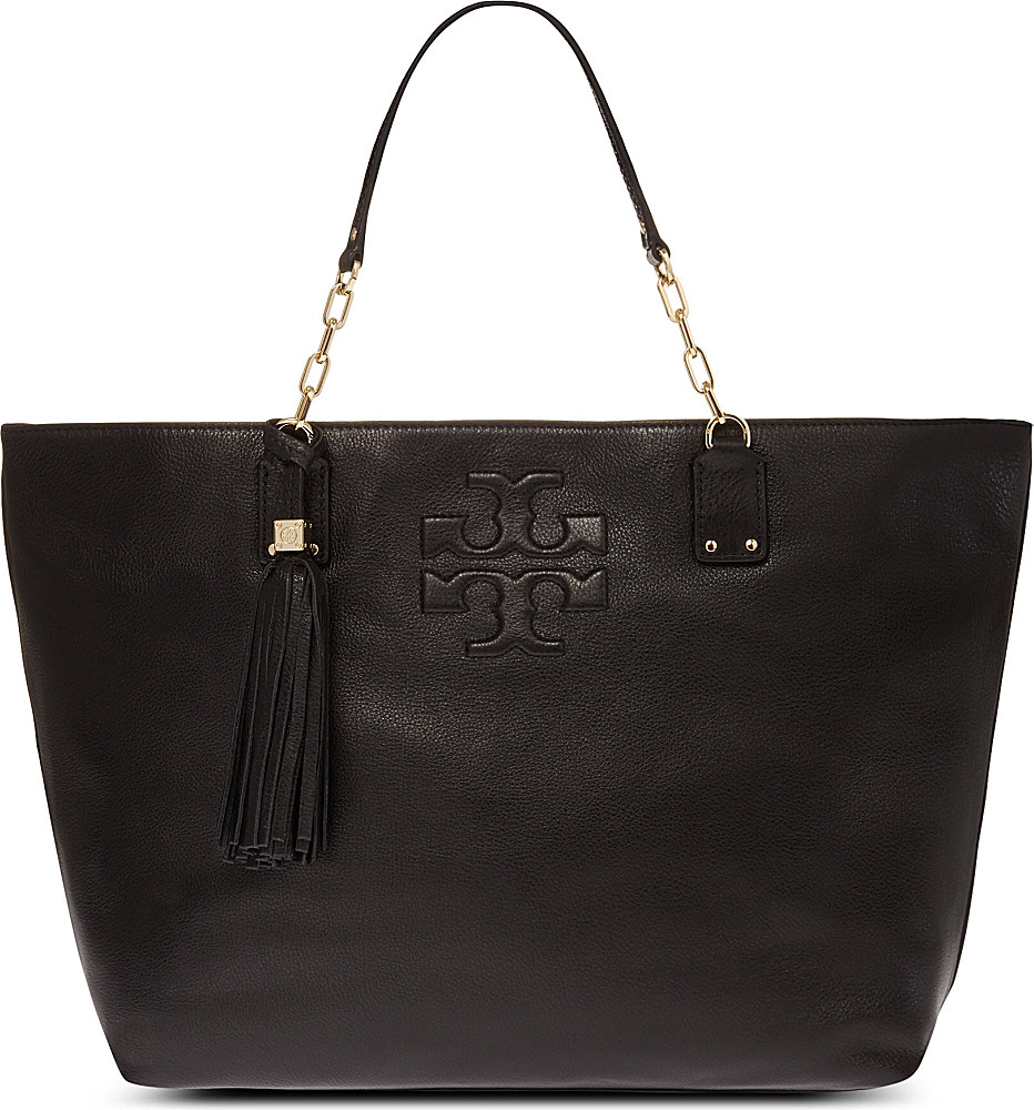 Tory Burch Pebbled Leather Tote Bag in Black | Lyst