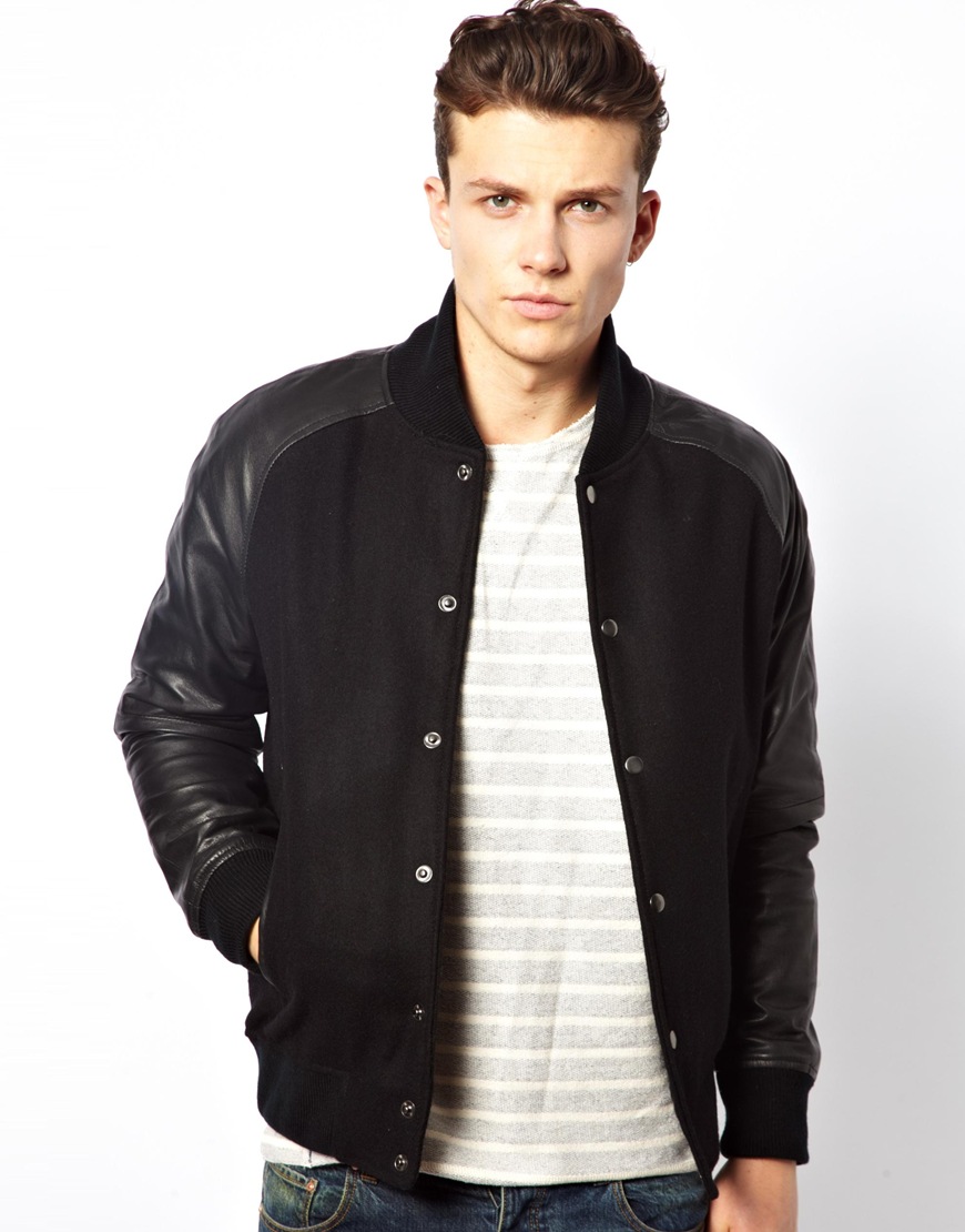 ASOS Wool Mix Varsity Jacket with Leather Sleeves in Black
