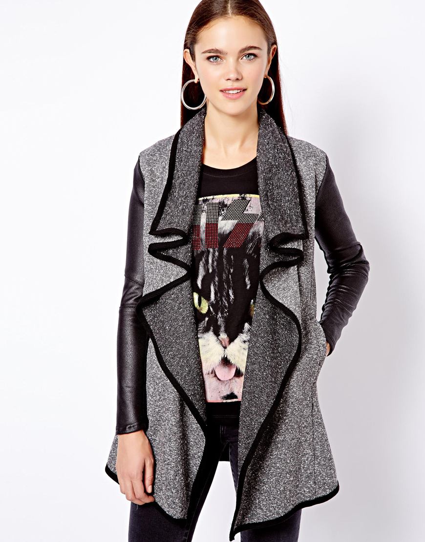 Asos Longline Waterfall Jacket With Leather Look Sleeve In Gray Lyst Gallery Women S Waterfall Jackets