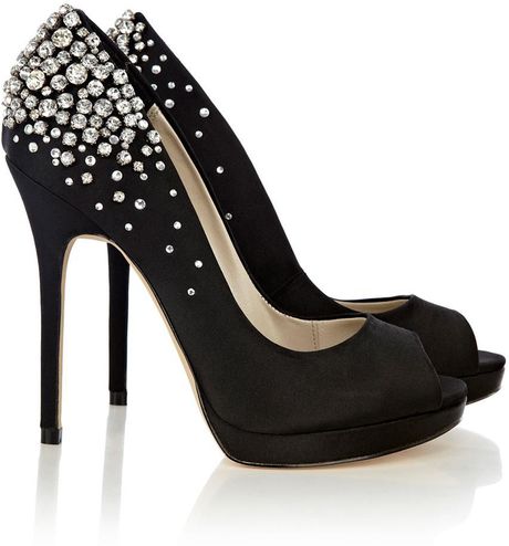 Karen Millen Encrusted Jewel Platform Peep Toe Shoes in Black | Lyst