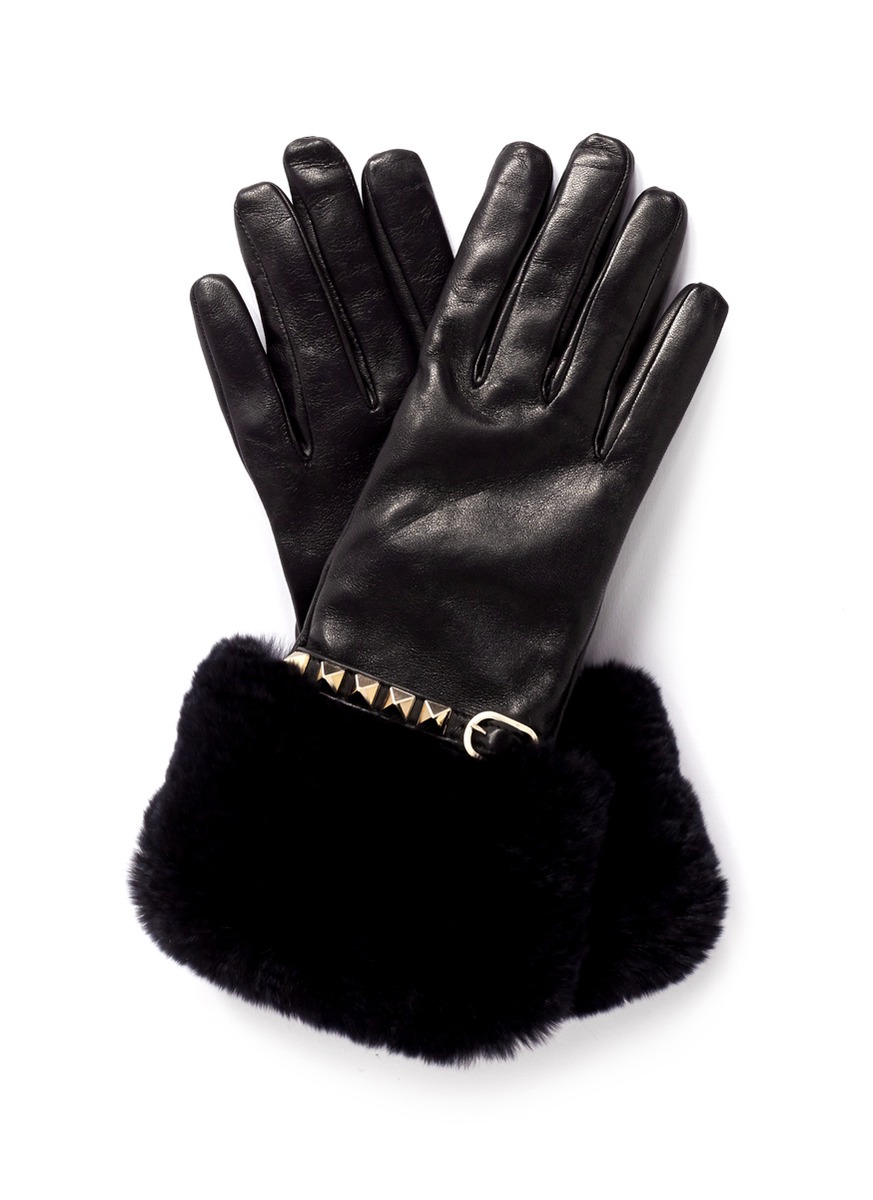 Lyst Valentino Rockstud Fur Trimmed Leather Gloves in Black