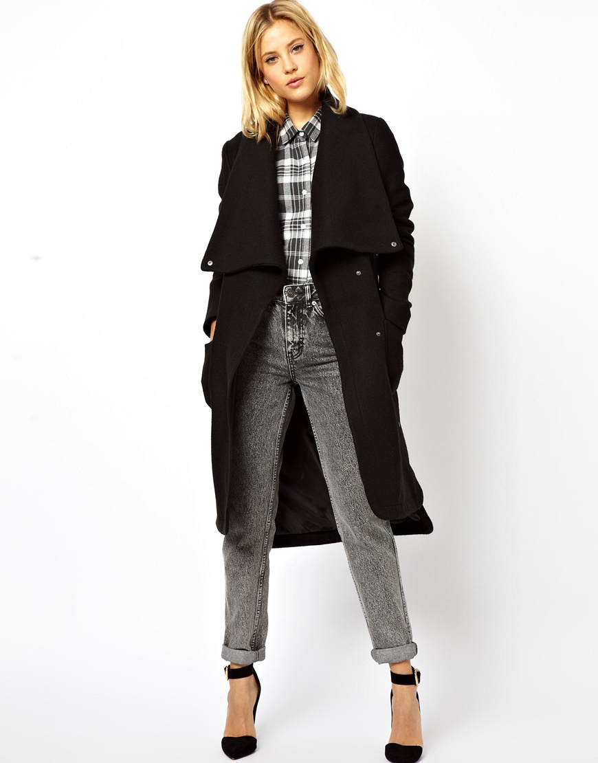 Asos Coat with Stepped Hem and Funnel Neck in Black | Lyst