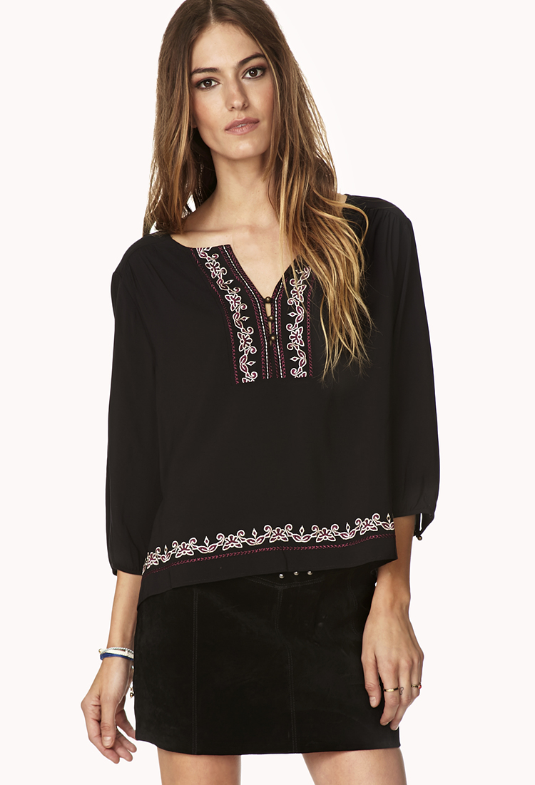 Forever 21 Embroidered Peasant Blouse in Black Lyst
