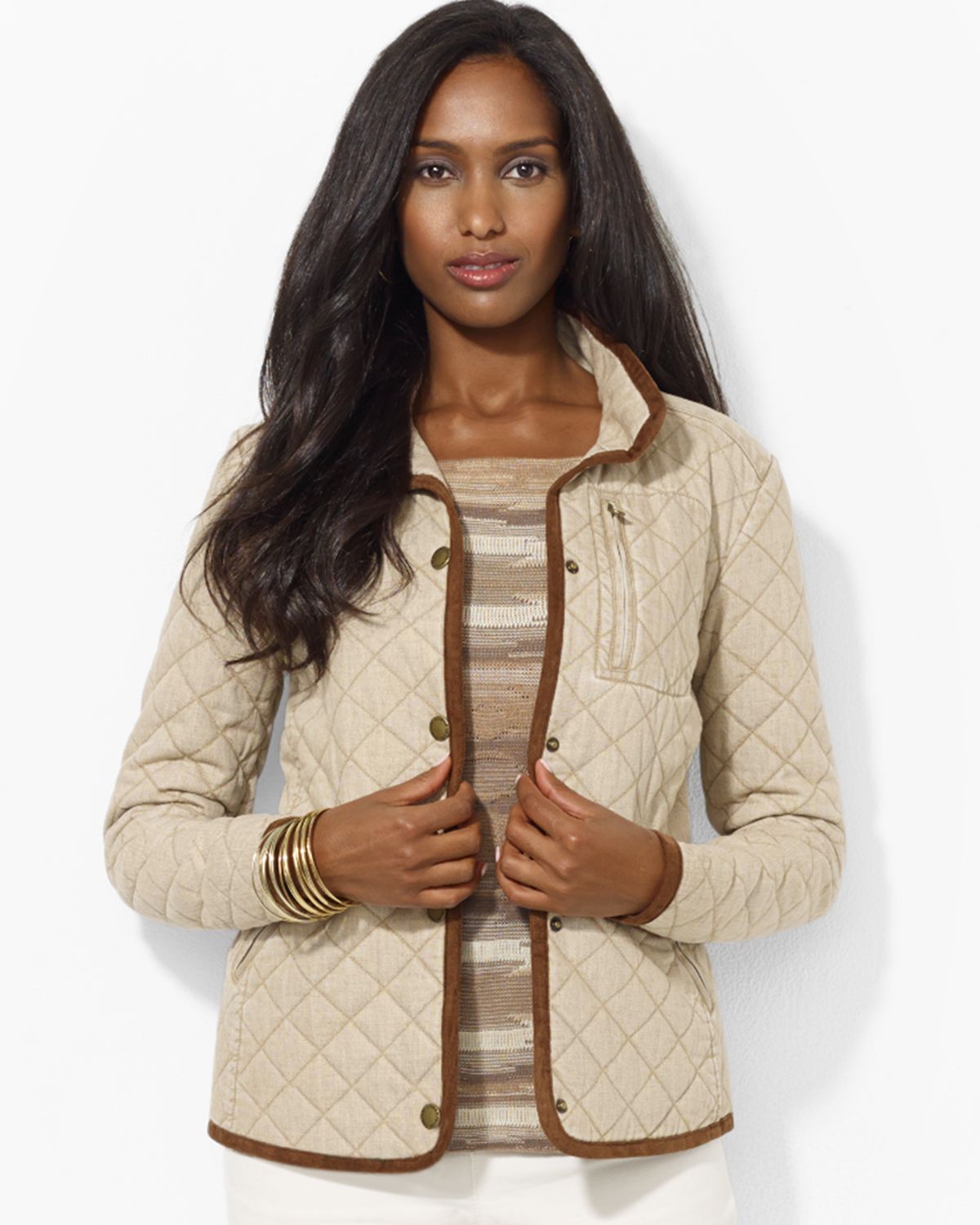 Ralph Lauren Lauren Quilted Jacket with Plaid Lining in Tan (Natural) - Lyst