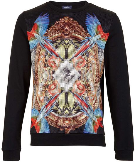 Topman Parrot Baroque Graphic Mesh Panel Crewneck Sweatshirt in Black ...
