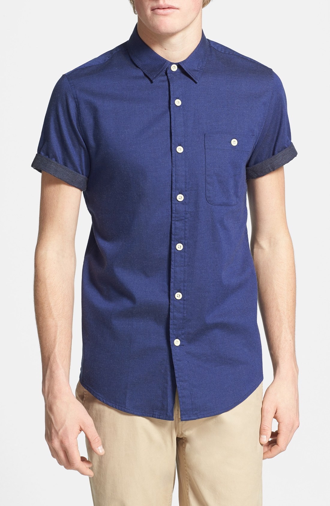 Topman Short Sleeve Flannel Trimmed Shirt in Blue for Men (Dark Blue ...