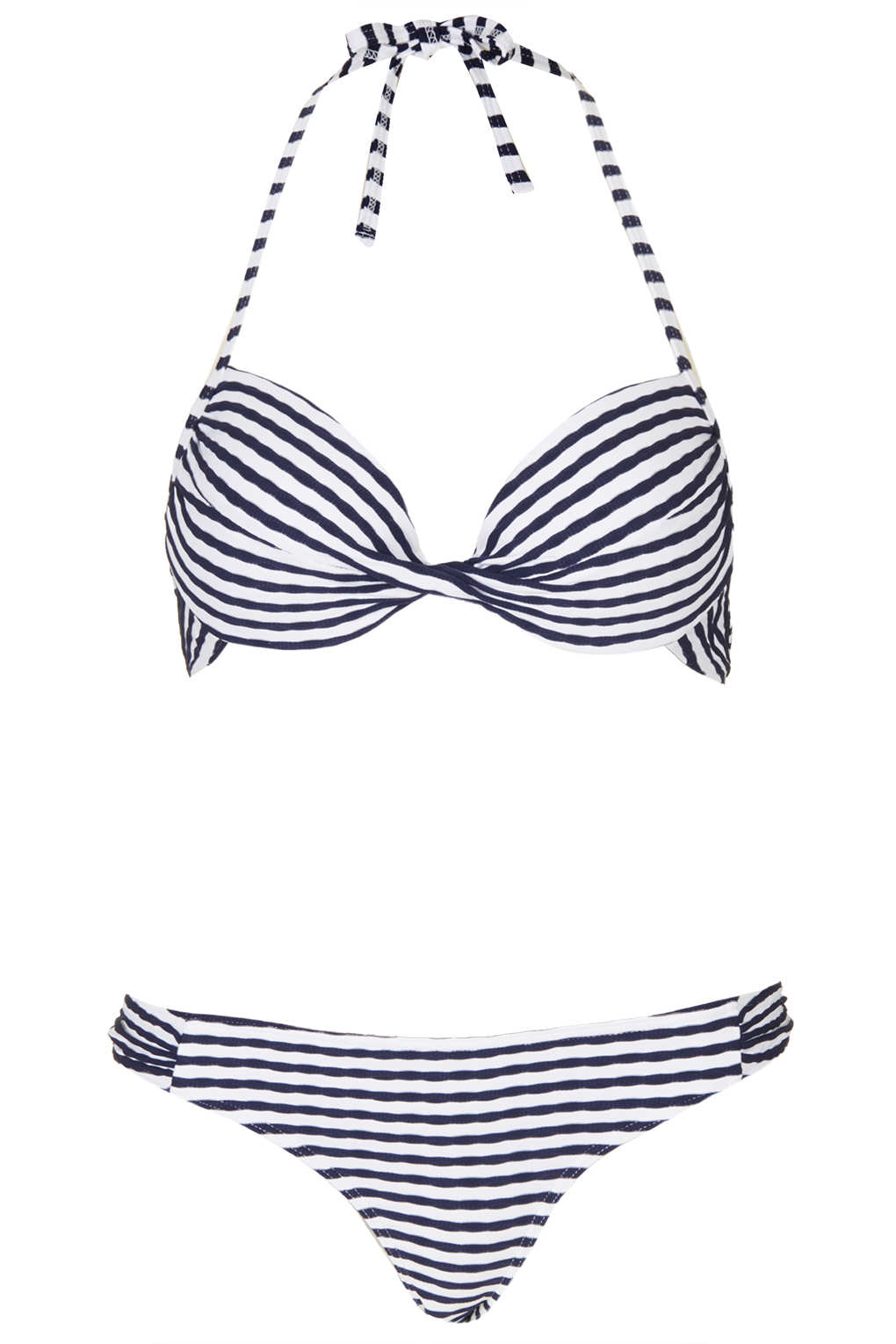 Topshop Navy Ruche Stripe Plunge Bikini in White | Lyst