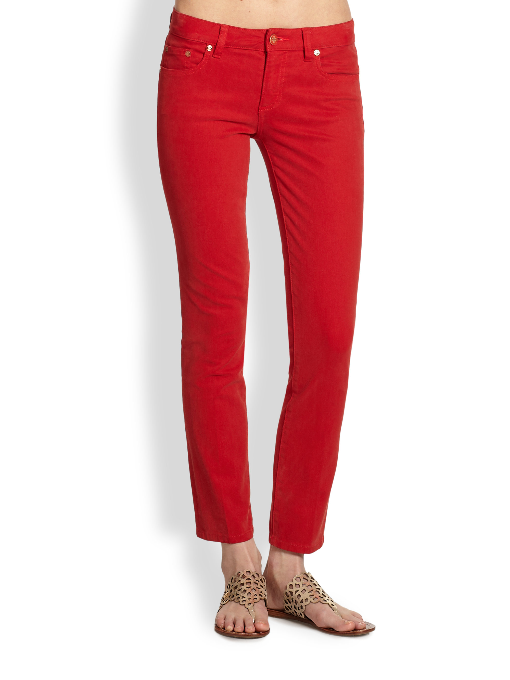 Tory Burch Alexa Cropped Skinny Jeans in Red | Lyst