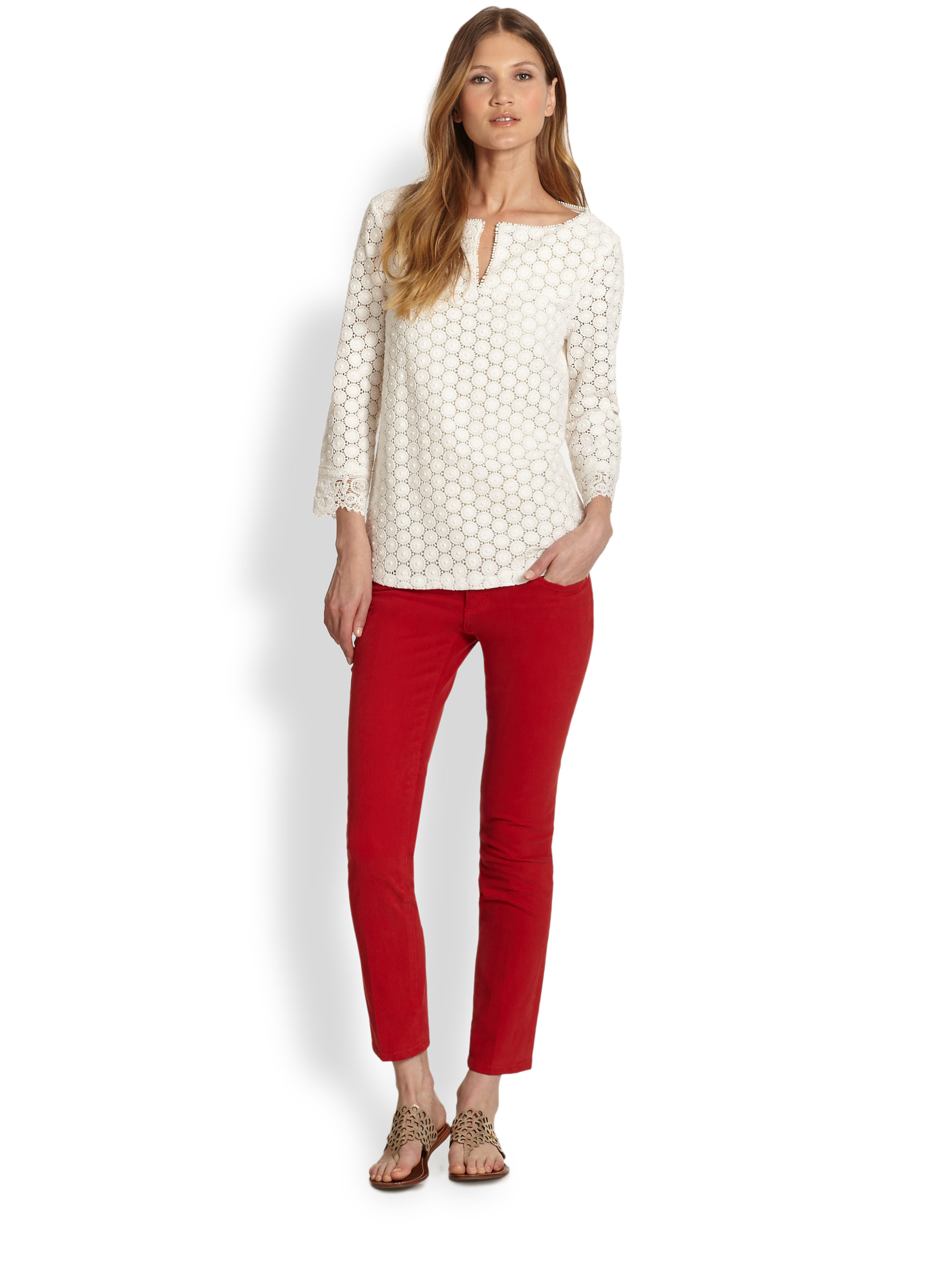 Tory Burch Alexa Cropped Skinny Jeans in Red | Lyst