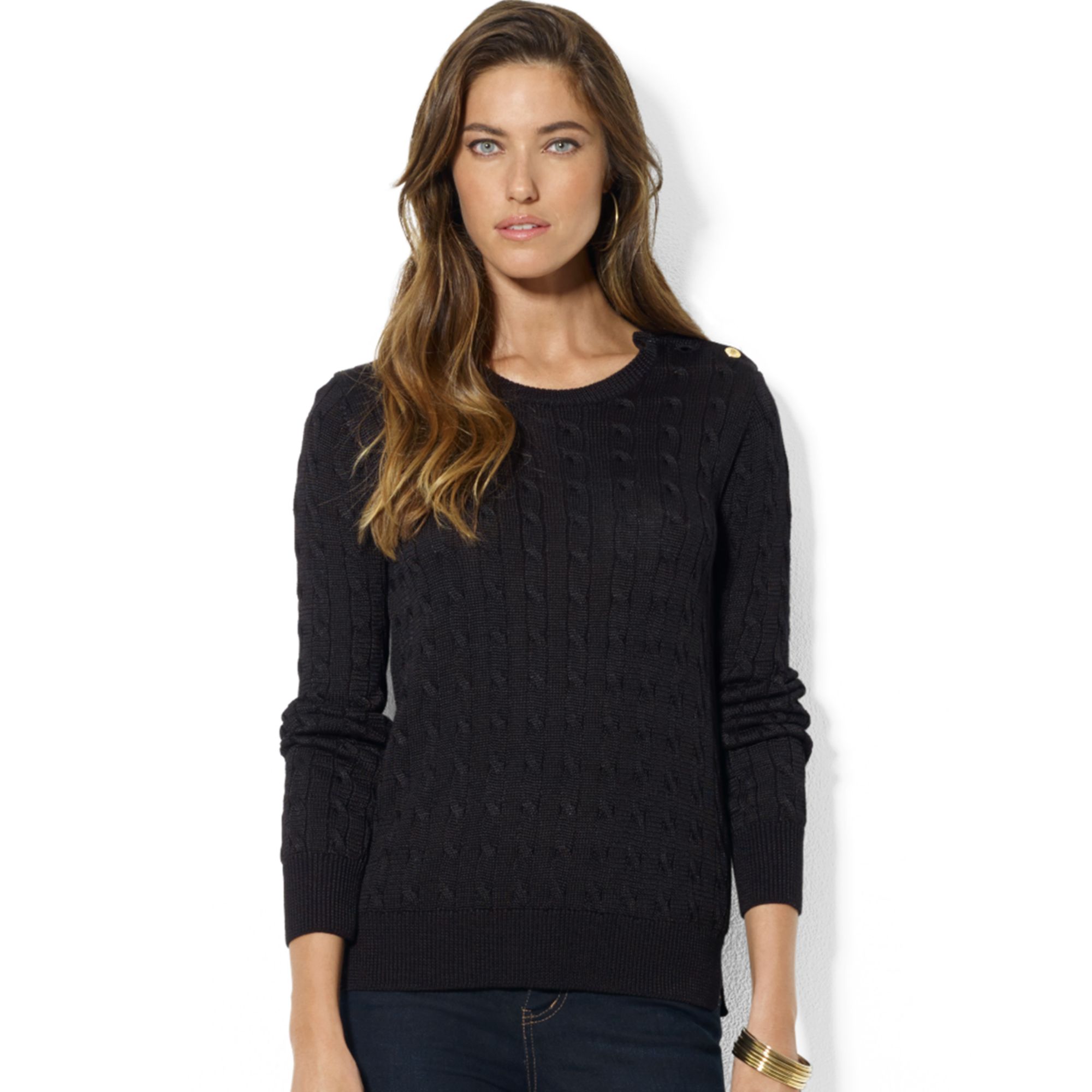 Sleeve Cable Knit Crew Neck Sweater 