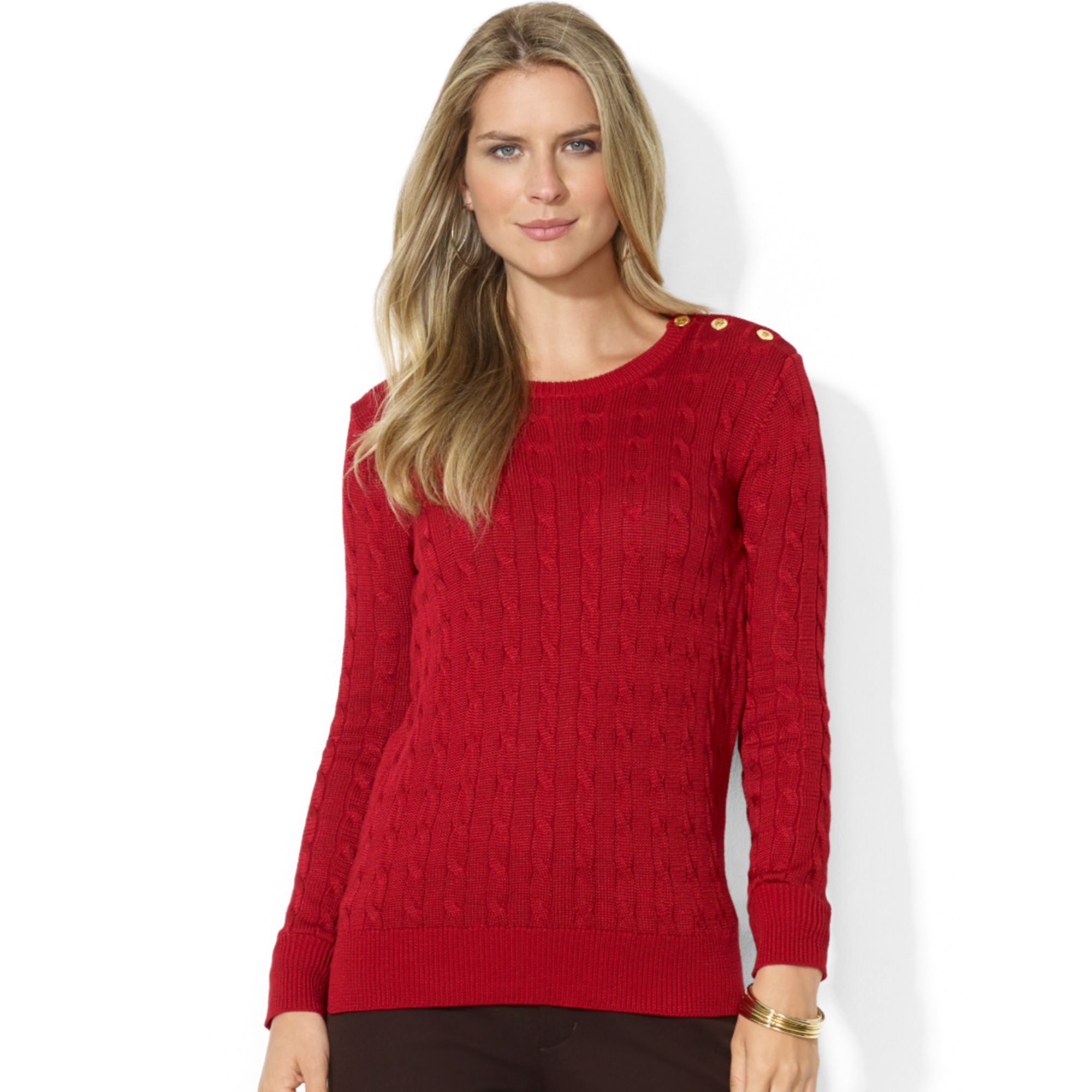 Lyst - Lauren By Ralph Lauren Long Sleeve Cable Knit Crewneck Sweater ...