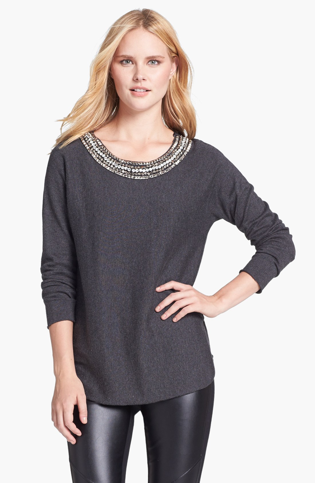 Michael By Michael Kors Embellished Neck Sweater in Gray (Derby) | Lyst