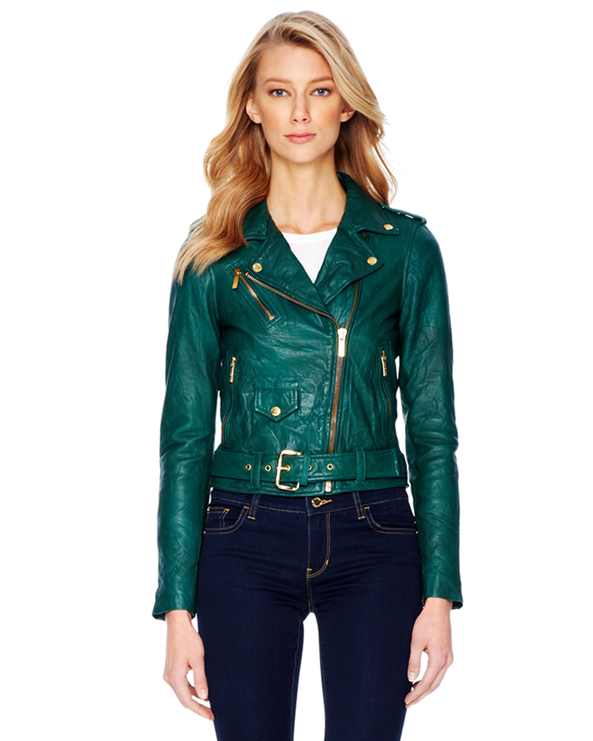 Lyst Michael Kors Crinkled Leather Moto Jacket In Green Gallery