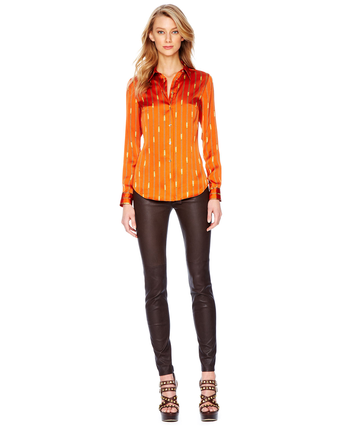 Lyst - Michael Kors Printed Satin Fitted Blouse in Orange
