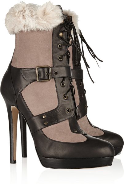 Oscar De La Renta Rabbit-Trimmed Suede and Leather Boots in Brown ...