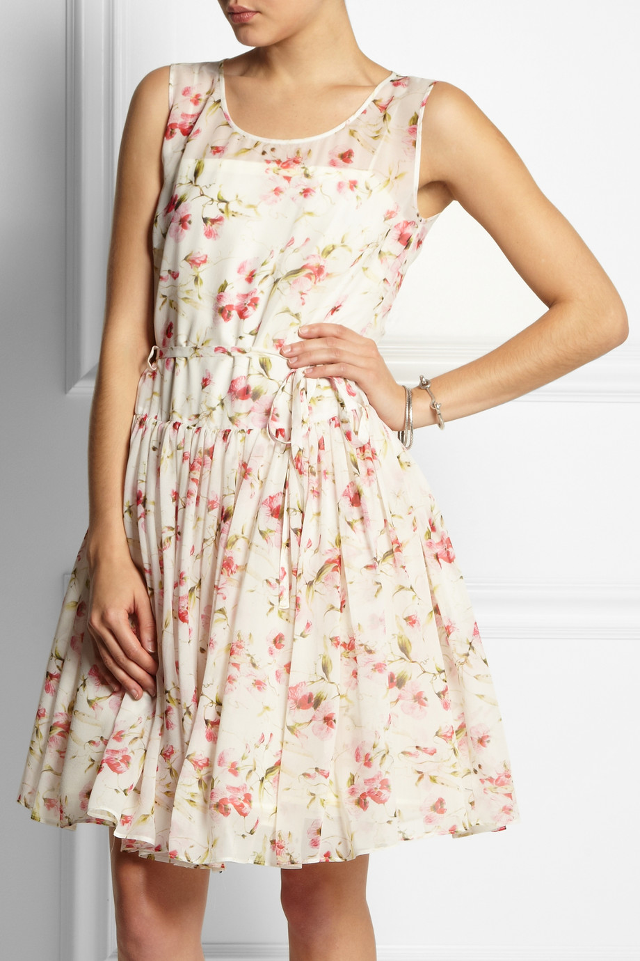 RED Valentino Floral Print Silk Chiffon Dress in White | Lyst