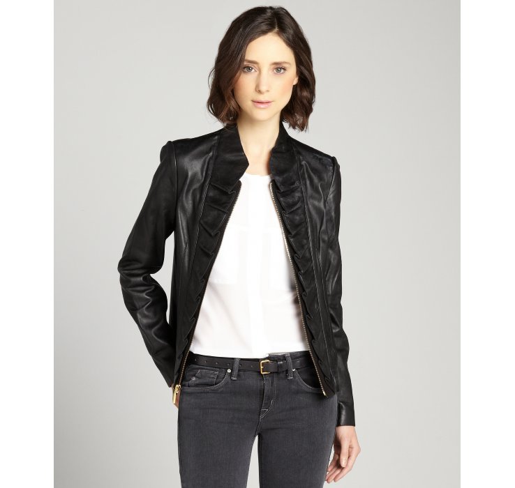 T Tahari Leather Kendrick Ruffle Front Jacket In Black Lyst Gallery