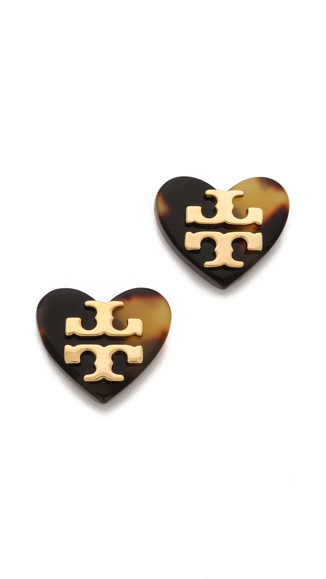 Tory Burch Tilsim Logo Heart Stud Earrings in Brown | Lyst