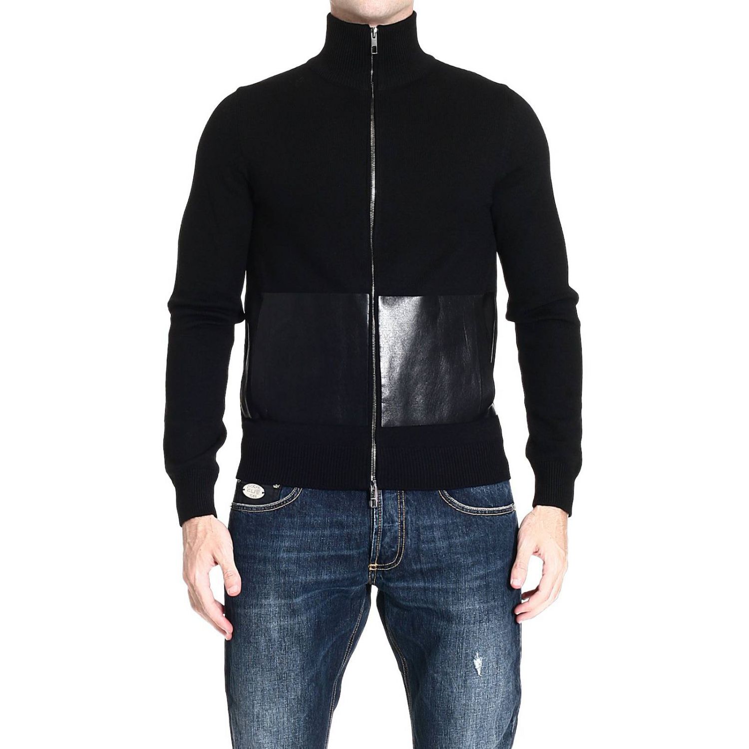 Valentino Sweater Cardigan Zip With Leather Bend On Front in Black for ...