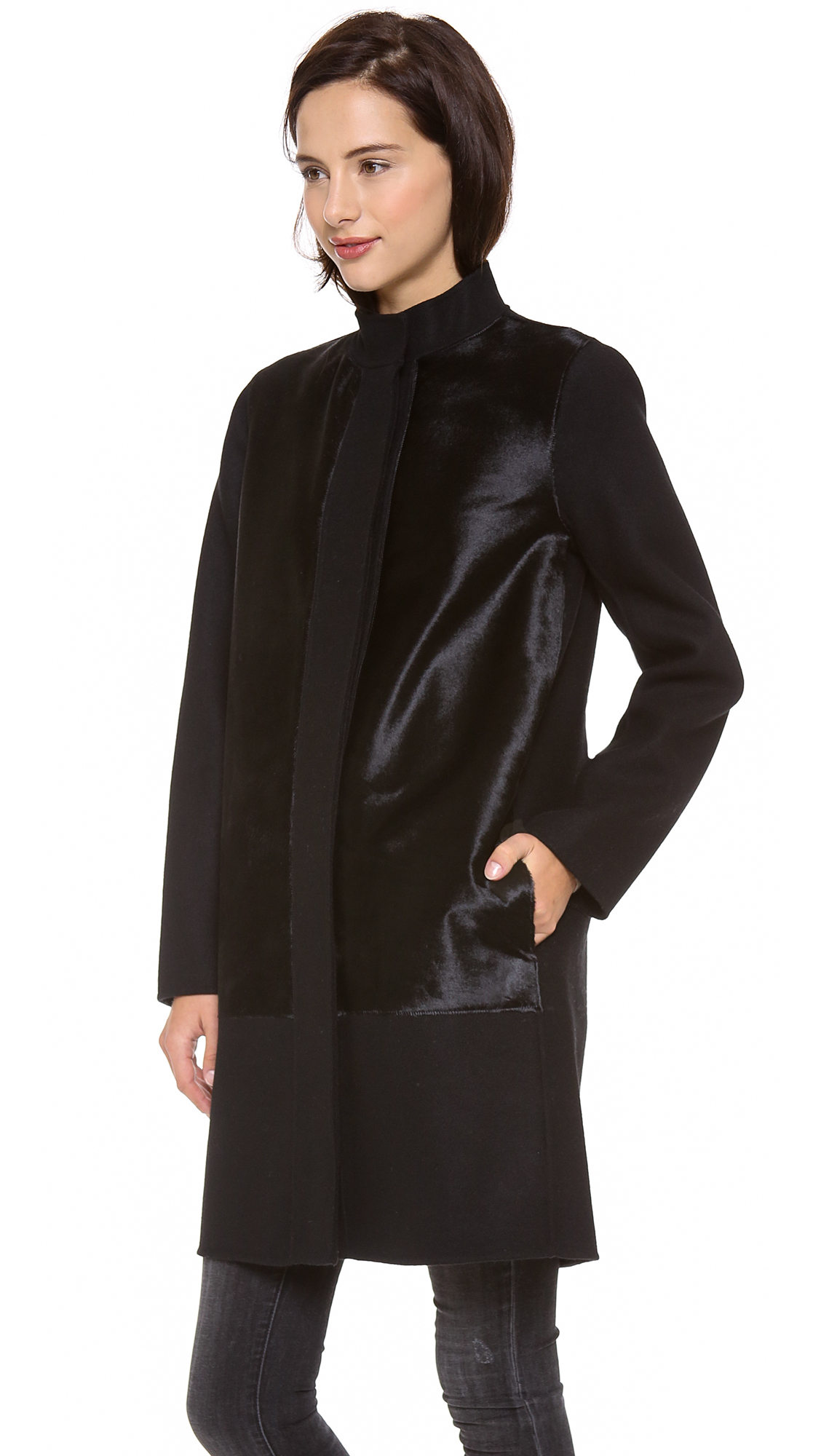 Lyst - Vince Calf Hair Inset Wool Coat in Black