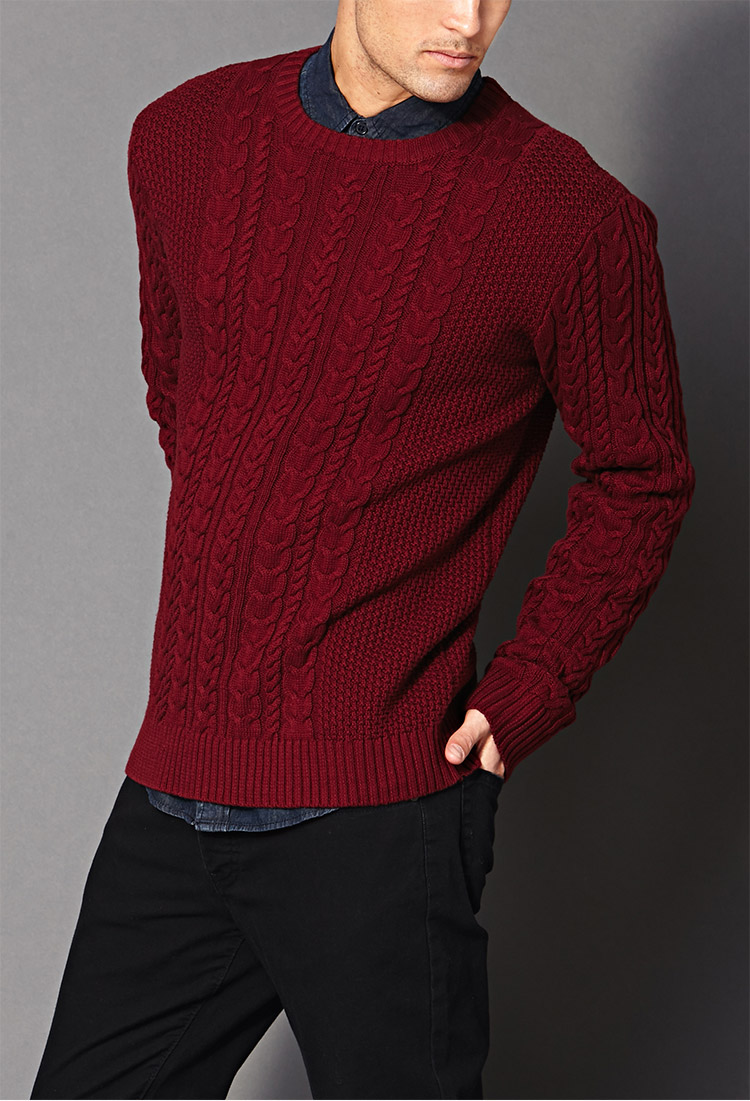 Gocgt Mens Crewneck Long Sleeve Pullover Sweaters Knit Cable Sweaters Wine Red XS 