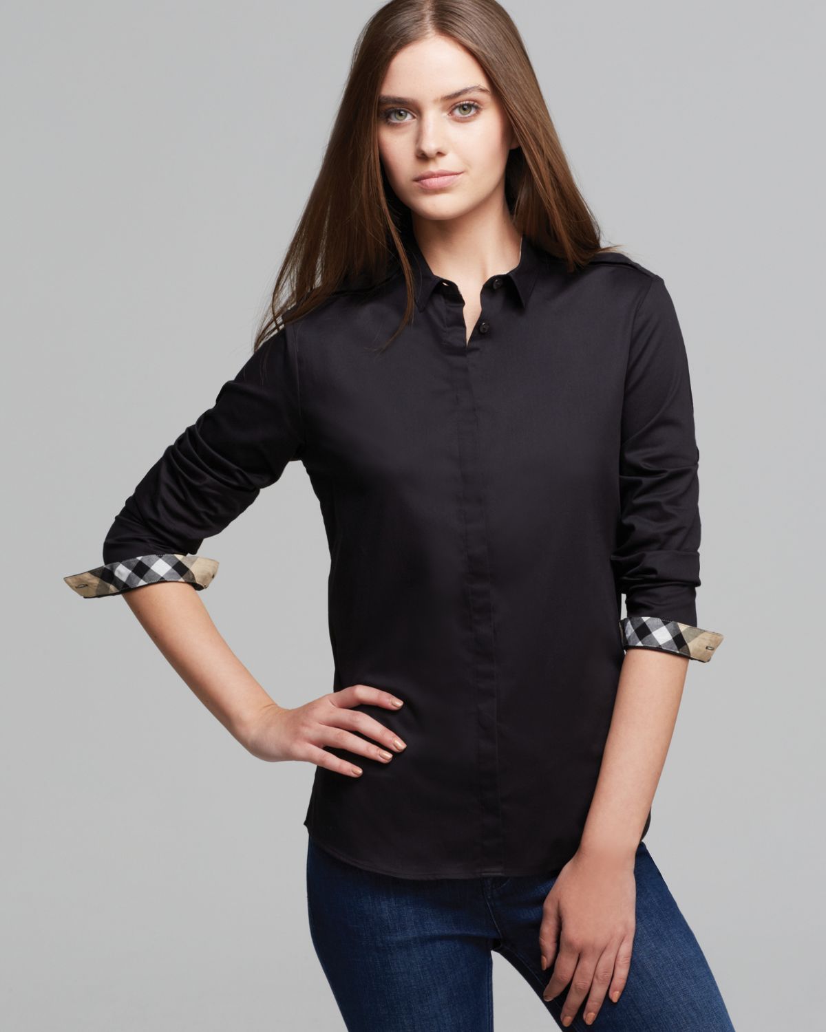 Lyst - Burberry Brit Check Cuff Button Down Shirt in Black