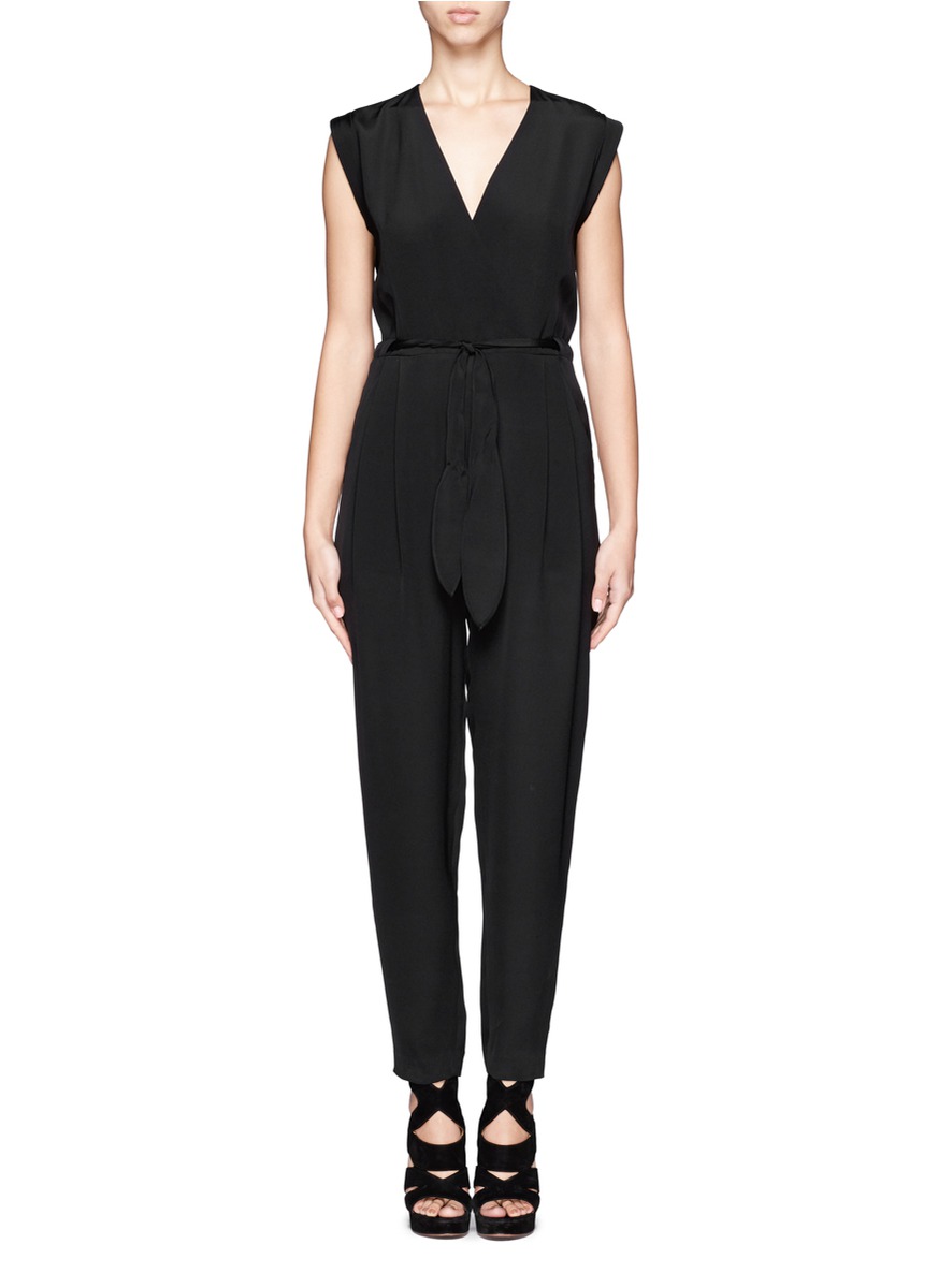 Lyst - Theory Wrap Neck Silk Jumpsuit in Black