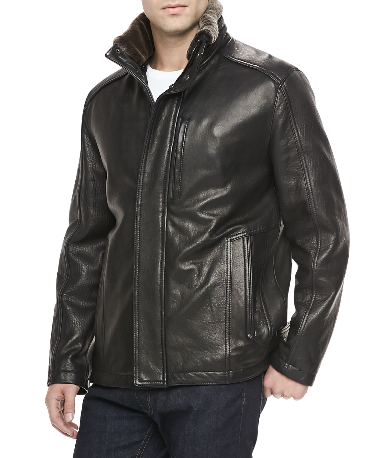 Lyst - Andrew Marc Leather Car Coat with Shearling Collar Black in ...
