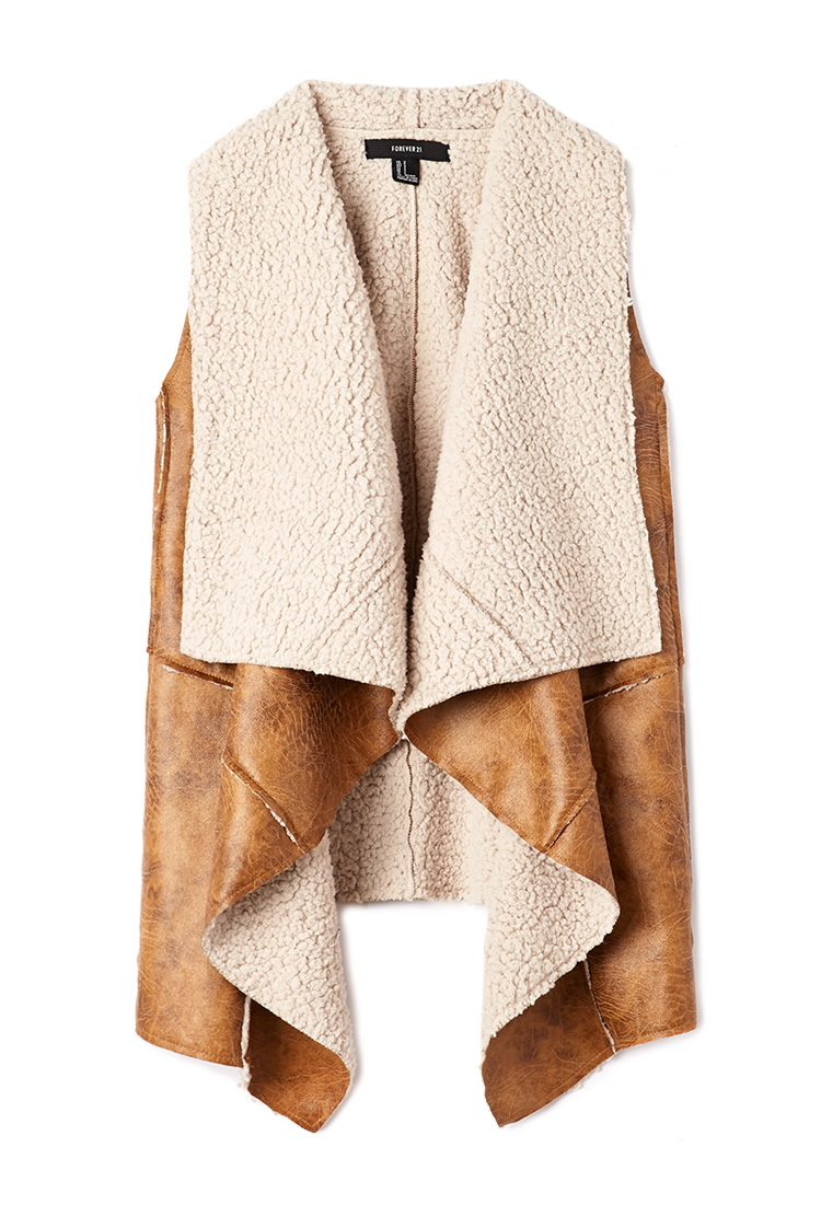 Forever 21 Southbound Faux Shearling Vest in Khaki (Camel) | Lyst