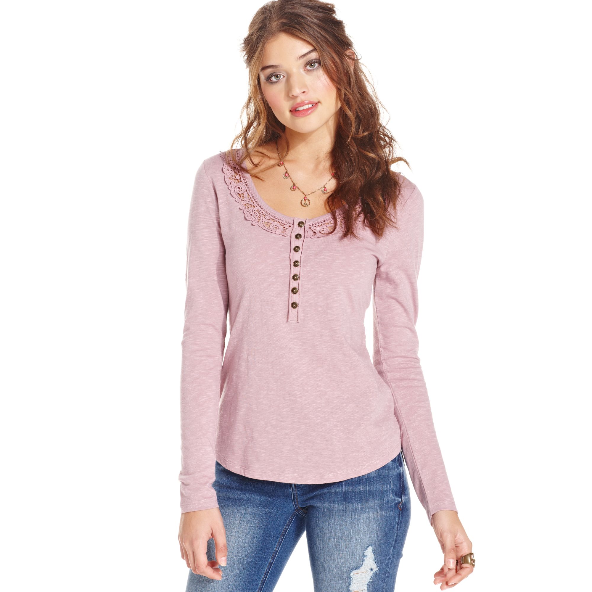 American rag Juniors Longsleeve Lace Thermal Top in Purple Lyst