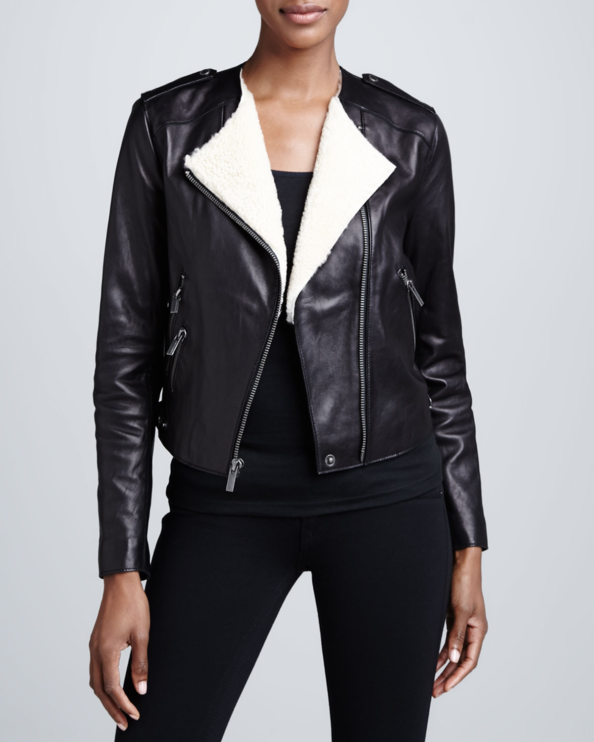 Bcbgmaxazria Leather Moto Jacket With Real Shearling In Black Lyst Gallery