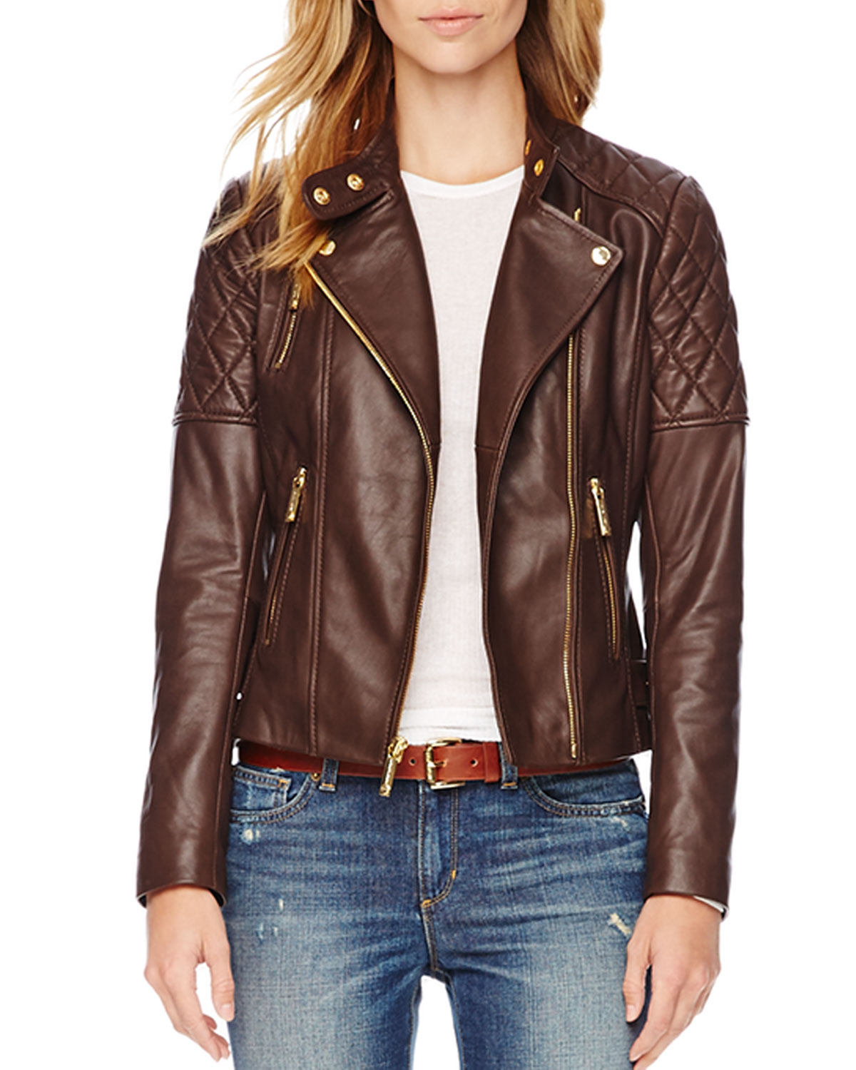 Lyst - Michael Michael Kors Quilted Leather Jacket in Brown