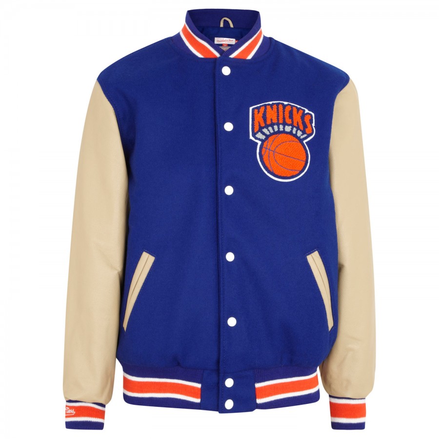 Mitchell & Ness New York Knicks Leather and Wool Varsity Jacket in Blue ...